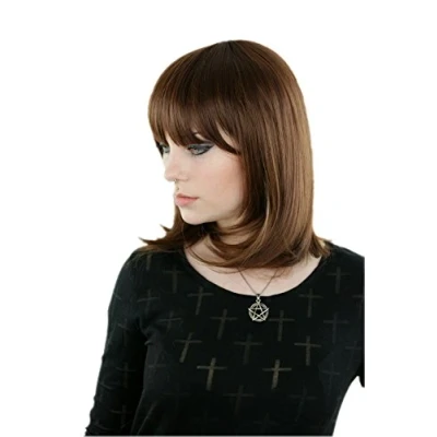 Afbeelding van Prettyland Pruik, middellang, middelgroot, 40 cm, kastanje, bruin, pony, recht, bob, glad, golvend, Travestiet C260