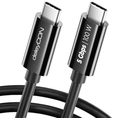 Afbeelding van deleyCON 1 m USB C kabel (snel opladen, 100 W &amp; 5 Gbit/s) oplaadkabel voor iPhone 16 15 Pro Max Samsung Galaxy S24 S23 Pixel iPad MacBook Air Tablets Switch PS5 zwart