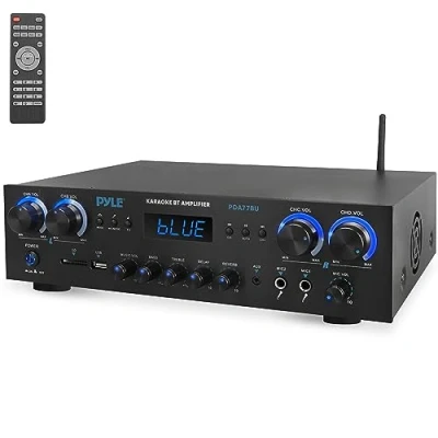 Afbeelding van Pyle Bluetooth Audioversterker 4 Kanaals 800W Ontvanger met MP3, USB, SD, AUX, RCA, FM, Microfoon, Hoofdtelefoon, Reverb, Delay, Volume LED voor Thuis of Studioluidsprekers