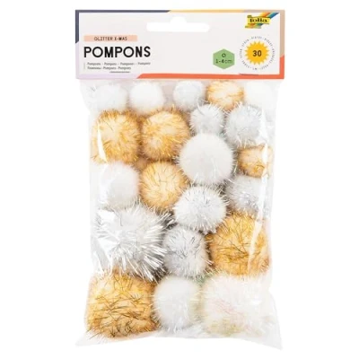 Afbeelding van folia X Mas 50313 Pailletten pompons 30 stuks verschillende maten en kleuren, ideaal voor knutselen, kleuren wit/goud