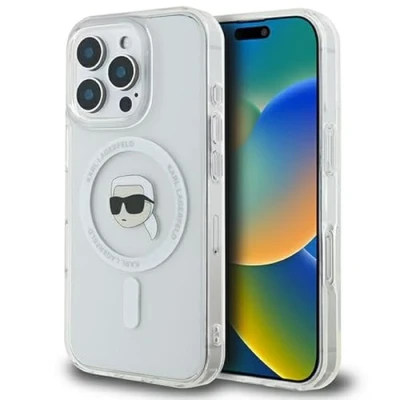 Afbeelding van Karl Lagerfeld iPhone 16 Pro Max Backcover hoesje Magsafe metal Wit Transparant