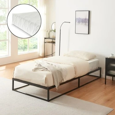 Afbeelding van Metalen bedframe 90x200 cm met bedbodem en matras zwart [en.casa] [neu.haus]