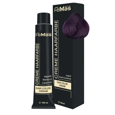 Image de FemMas Teinture pour cheveux, 100 ml, crème professionnelle, enrichie à l’huile d&#039;argan, la kératine et aux céramides, comme coloration permanente ou teinte, blond foncé violet intense 6.22