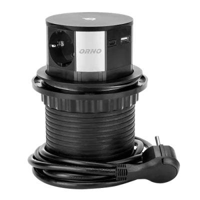 Afbeelding van ORNO GM 9017 (GS) Afneembaar meubelstopcontact Ø 10 cm met inductieve oplader, USB oplader en 1,5 m kabel 3 x 2P+T (Schuko) Qi 1.2.4 max. W 2 QC 3.0