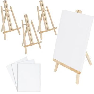 Afbeelding van Belle Vous 4 Pak Kleine Houten Tafeltop Ezel met Canvas set B21,5 x H37 cm Mini Driepoot/A Frame Display Standaard voor Acryl/Olie Verf, Kunst en Hobby