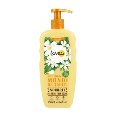 Image de LOVEA Lait Corps Monoï De Tahiti Nourrit &amp; Adoucit Pour Peaux Très Sèches 96% D&#039;Origine Naturelle Sans Silicone Vegan Fabriqué En France 250 ml