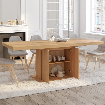 Afbeelding van JULIETTE uitschuifbare rechthoekige eettafel met centrale poot latteneffect en 160 cm opbergruimte