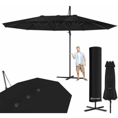Afbeelding van KESSER® Dubbele parasol 4,6 m x 2,7 zweefparasolhoes en windbescherming met zwengel standaard crankparasol van waterdicht aluminium 360 graden kantelbaar draaibaar, zwart.