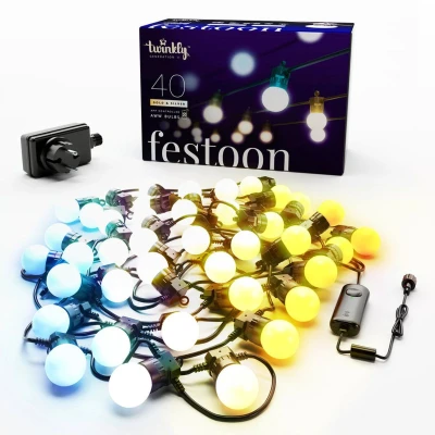 Afbeelding van Twinkly Festoon App gestuurd lichtsnoer met 40 AWW (amber warm wit koel wit) LED 20 meter zwarte kabel