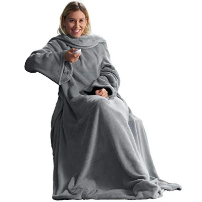 Afbeelding van CelinaTex TV deken met Mouwen en Voetenzak, Zachte Deken, 150 x 180 cm, Zilvergrijs, Microvezel, Fleece, Oeko Tex