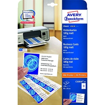 Afbeelding van Avery Zweckform C32010 25 Bedrukbare visitekaarten 85 x 54 mm Wit 250 stuk(s) Papierformaat: DIN A4