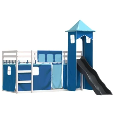 Afbeelding van vidaXL Stapelbed met glijbaan en gordijnen blauw 80x200 cm