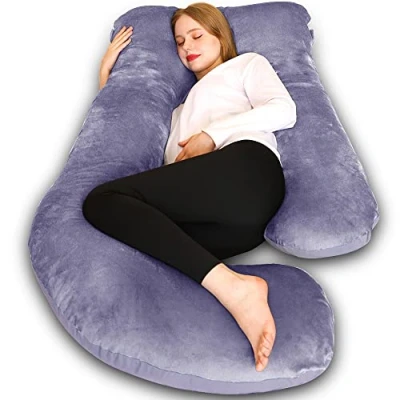 Image de Chilling Home Coussin de Grossesse, Oreiller Couchage Latéral en Forme J Velours Amovibl d&#039;allaitement, Grand Positionnement,Gris Bleu