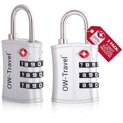 Afbeelding van OW Travel TSA hangslot voor koffer. 3 cijferig slot code ABS diefstalbeveiliging bagage kluisje opslag tent camping combinatie USA. Vliegtuig reisaccessoires: kofferslot TSA007, 31b)