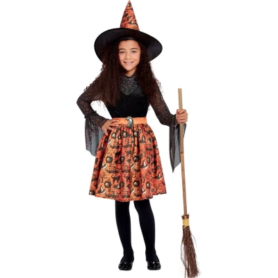 Afbeelding van Smiffy&#039;s Heks &amp; Spider Lady Voodoo Duistere Religie Kostuum Cartoonish Meisje Oranje, Zwart Large Halloween Verkleedkleding