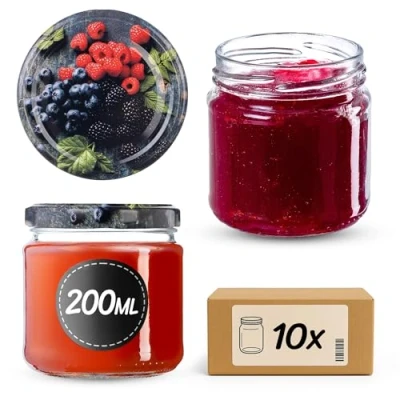 Afbeelding van KADAX Set van 10 kleine jampotten, 200 ml, ronde mini potjes voor honing en specerijen, luchtdichte weckpotten, voorraadpotten glas (zomerbessen, stuks)