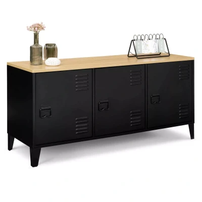 Image de Buffet bas ESTER 3 portes métal noir plateau bois design industriel 113 cm