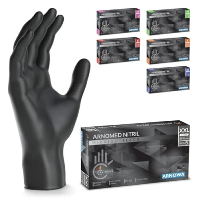 Afbeelding van Arnomed Nitril handschoenen maat XXL, zwart, 100 stuks/doos, zwarte wegwerphandschoenen poedervrij en latexvrij, in maten S, M, L XL