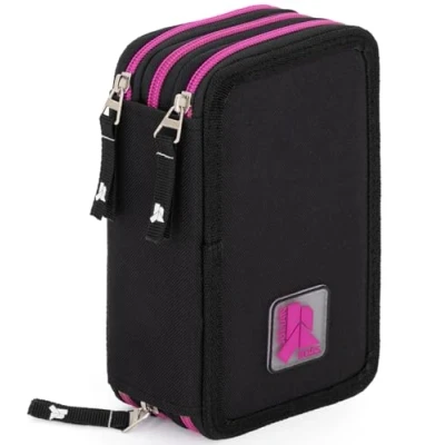 Afbeelding van Julian Ross drievoudig gevoerd etui, 44 schoolaccessoires, 20 cm, Fuchsia zwart, pennenhouder