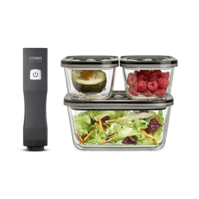 Image de CASO Vacu OneTouch Eco Set avec 3 récipients sous vide en verre, 10 poches zip et autocollant de manager alimentaire sans fil rechargeable jusqu&#039;à 150 minutes