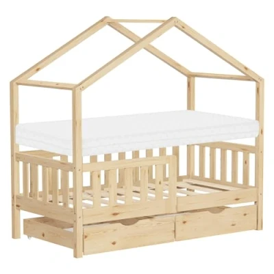 Afbeelding van ML Design lit pour enfant, 70 x 140 cm, naturel, avec matelas, 2 tiroirs, protection anti chute et sommier à lattes, de jeu en bois pin, cadre Montessori enfants, sol, maison