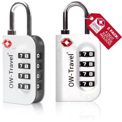 Afbeelding van OW Travel TSA hangslot voor koffers. 4 cijferig bagage kluisje opslag tent camping bagagecombinatie USA. Accessoires vliegtuigreizen: Bagageslot 007
