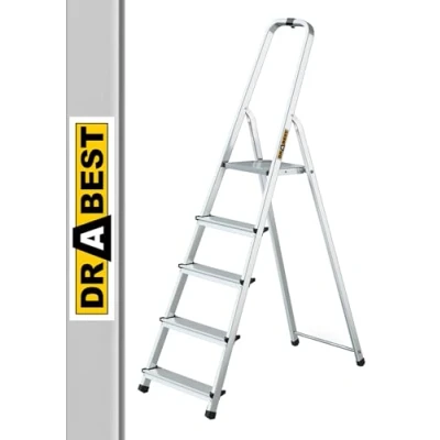 Afbeelding van Drabest Huishoudladder, 5 treden, aluminium, capaciteit 125 kg, trapladder met veiligheidsrail en werkplatform, multifunctionele ladders, 45 x 168 12 cm