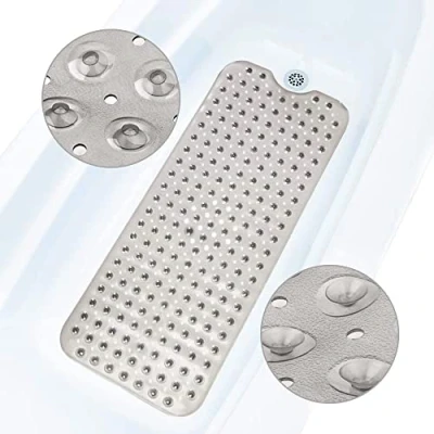 Afbeelding van Douchemat, 100 x 40 cm Extra Lange Badmat Antislip met 200 Sterk Zuignappen en Afvoergaten, Antibacterieel Machinewasbaar Schimmelbestendig Badkamermat, Badkuipmat voor Kinderen, Ouderen Grijs