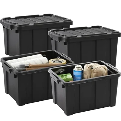 Image de Iris Ohyama, Caisse Rangement avec Couvercle Robuste, 21L, Lot de 4, Noir, Compact, Durable, Empilable, pour Garage, Etagères, Déménagement, Plastique, Boite a Outils, Bac Rangement, DDSKT 210
