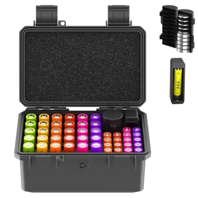 Afbeelding van KIWIFOTOS AAA AA batterij organizer, opbergkoffer, met batterijtester, IP67, waterdicht, hardcase, voor 30 batterijen en 18 10 knoopcellen