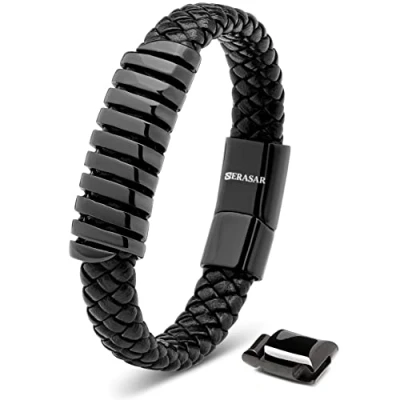 Afbeelding van SERASAR Leren Armband voor Heren [Wrap] Zwart 40cm Manchet Sieradenarmband