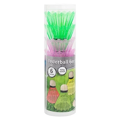 Image de Idena 40466 Lot de 6 balles à ressort en plastique avec pointe mousse Couleurs assorties Boîte transport ronde Accessoires rechange pour chaque jeu badminton