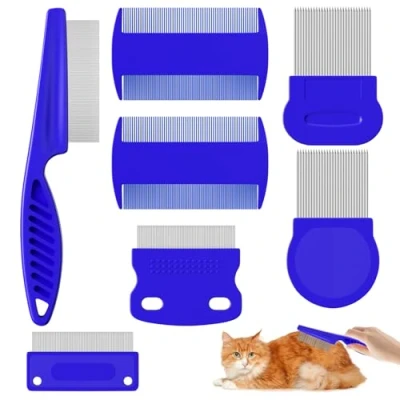 Image de Lixiluxia Lot de 7 peignes pour chats chiens, poux, enlever les taches larmes des animaux domestiques, peigne puces chat à dents fines, outils nettoyage anti
