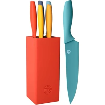 Afbeelding van MasterChef Keukenmessen met blok, bevat: universeel kantoormes, vleesmes en brood, koksmes, roestvrij staal, ergonomisch handvat, meerkleurig, zacht gevoel