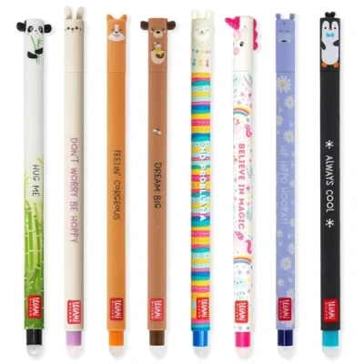 Afbeelding van LEGAMI 8 uitwisbare gelpennen met warmtegevoelige inkt, inktkleuren en vatmotieven, 0,7 mm punt, konijn, leeuw, corgi, panda, pinguïn, lama, nijlpaard, haai