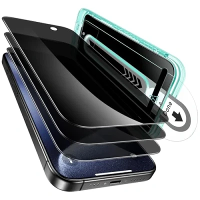 Afbeelding van ESR Displaybeschermfolie van gehard glas voor iPhone 15 Pro Max, met perfecte pasvorm, micro gebogen randen, compatibel hoesjes, 3 stuks