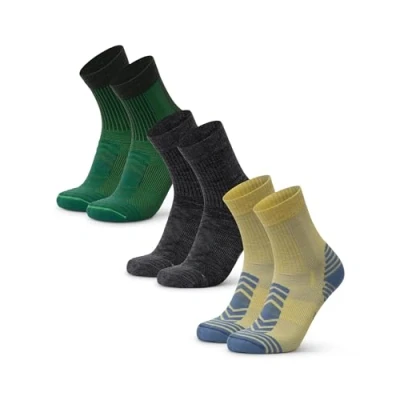 Afbeelding van DANISH ENDURANCE 3 paar lichte wandelsokken van merinowol, anti blaren, heren en dames, Veelkleurig (1 x groen, 1 donkergrijs, geel)