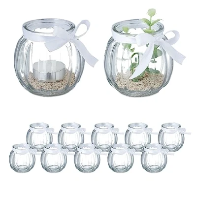 Afbeelding van Relaxdays Set van 12 theelichthouders glas met strik voor binnen en buiten, transparant