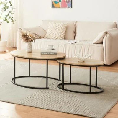 Afbeelding van [en.casa] set van 2 bijzettafels, bijzettafels in verschillende maten, ovaal, industrieel design, spaanplaat, staal, eikeneffect, zwart