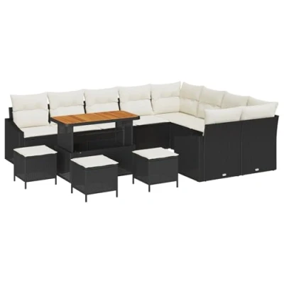 Afbeelding van vidaXL 13 delige Tuinbank Set met Kussens Zwart Poly Rattan Acacia, 4 Tuin Eet 2 zit
