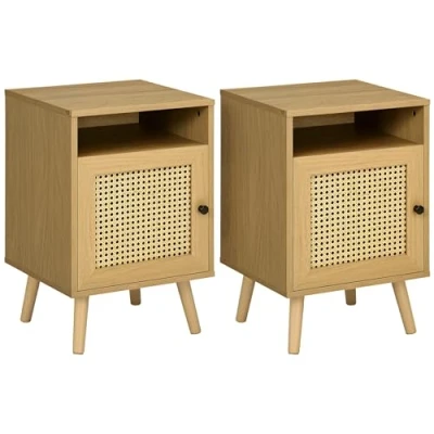 Afbeelding van HOMCOM Set van 2 Nachtkastjes met kast rieten deur en nis vintage design 39 x 35 60 cm naturel