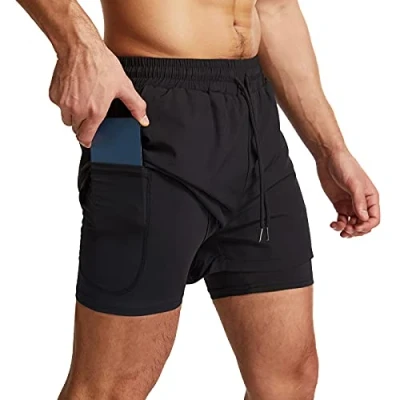 Afbeelding van Danfiki Sportshort voor heren, 2 in 1, ademend, met zakken, sneldrogende sportbroek zak, sportlegging, basislaag stretch, Schwarz.
