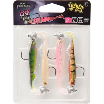 Afbeelding van Fox Rage Loaded Ultra UV Slick Shad Mixed Colors Pack (4pcs) 7cm Jighead 5g Haak 1/0