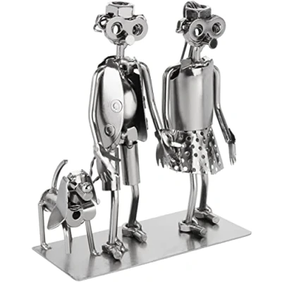 Afbeelding van BRUBAKER Schroef Figuur Lovers Koppel met Hond IJzeren Metal Man Handgemaakte Metalen Liefde Zilver Cadeau voor Hondenbezitter