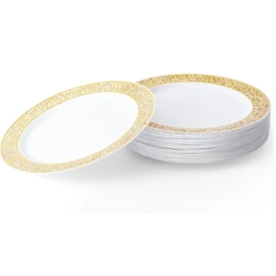 Afbeelding van MATANA 20 Kleine Witte Herbruikbare Plastic Borden met Gouden Rand (19cm) Dessert Feestbordjes voor Bruiloften, Verjaardagen, Dopen, Kerstmis &amp; Feesten