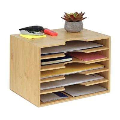 Afbeelding van Relaxdays Brievenbak van bamboe, bureau organizer voor A4 papier, 5 vakken, aktetas (h x b d): 23,5 32,5 24 cm, naturel