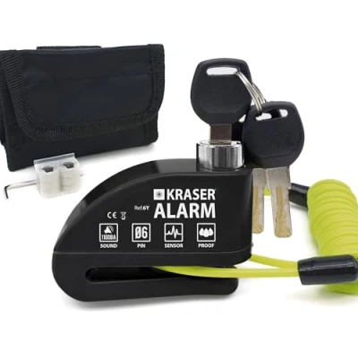 Afbeelding van KRASER 6Y diefstalbeveiliging voor motorfietsen, alarm, 110 db, waterdicht, versterkt schijfblok, remschijf, universele motorfiets, scooter, elektrische fiets, herinneringskabel 1,5 m, 3 sleutels,