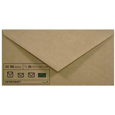Afbeelding van Netuno 50 lange enveloppen kraftpapier DL 110 x 220 mm 100 g Aster Kraft bruin gerecycled milieuvriendelijk papier voor wenskaarten uitnodigingen bruiloft verjaardagen documenten