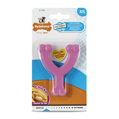 Afbeelding van Nylabone Puppy dental wishbone xs kip roze 9 cm