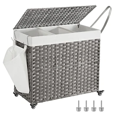 Afbeelding van SONGMICS wasmand met deksel, 160 l, gevlochten vuile wasmand, wieltjes, 3 vakken, afneembare binnenzak, voor bijkeuken, slaapkamer, 70 x 36 66 cm, grijs LCB365G01